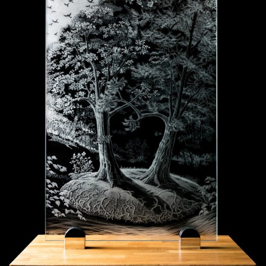 ENGRAVED GLASS WINDOW - on Love and Marriage - on oak display base